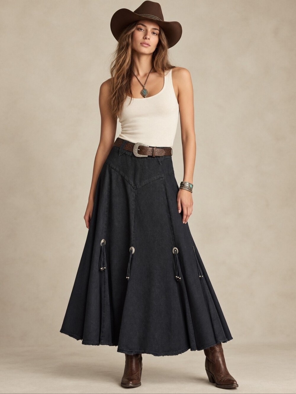 Vintage 80s Circle T Western Black Midi Skirt with Silver-Tone Concho Hardware